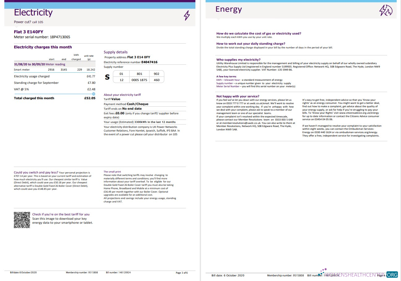 United Kingdom Utility Warehouse electricity utility bill template in Word and PDF format (6 pages) 3 4